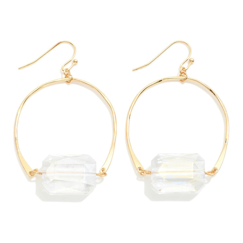 Gold Tone Metal Wire Arch Drop Earrings With Emerald Cut Glass Crystal Bead Charm (Abalone)