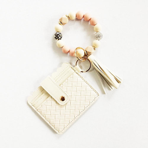 Beaded Bracelet Keyring With Woven Vegan Leather Wallet & Tassel (White)