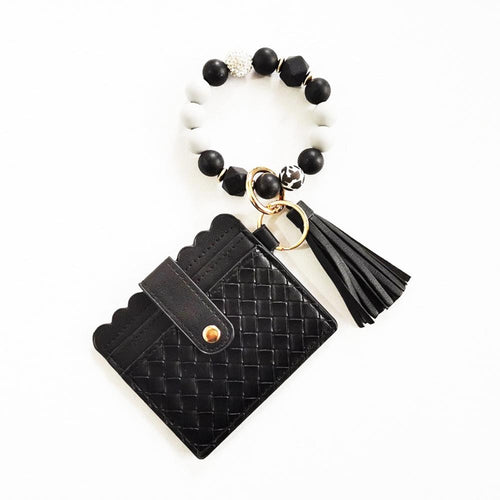 Beaded Bracelet Keyring With Woven Vegan Leather Wallet & Tassel (Black)