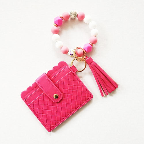 Beaded Bracelet Keyring With Woven Vegan Leather Wallet & Tassel (Pink)