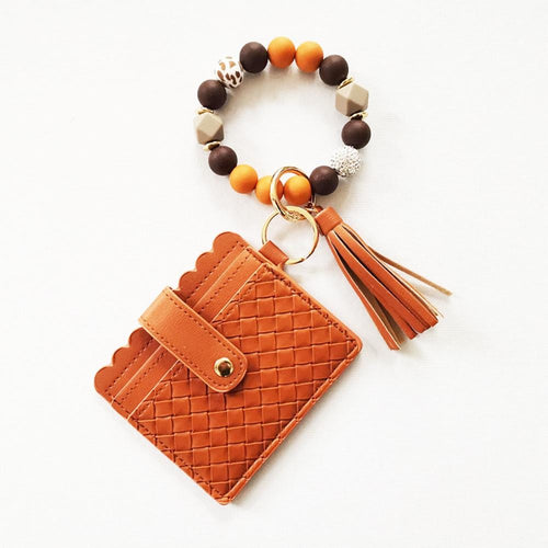 Beaded Bracelet Keyring With Woven Vegan Leather Wallet & Tassel (Brown)