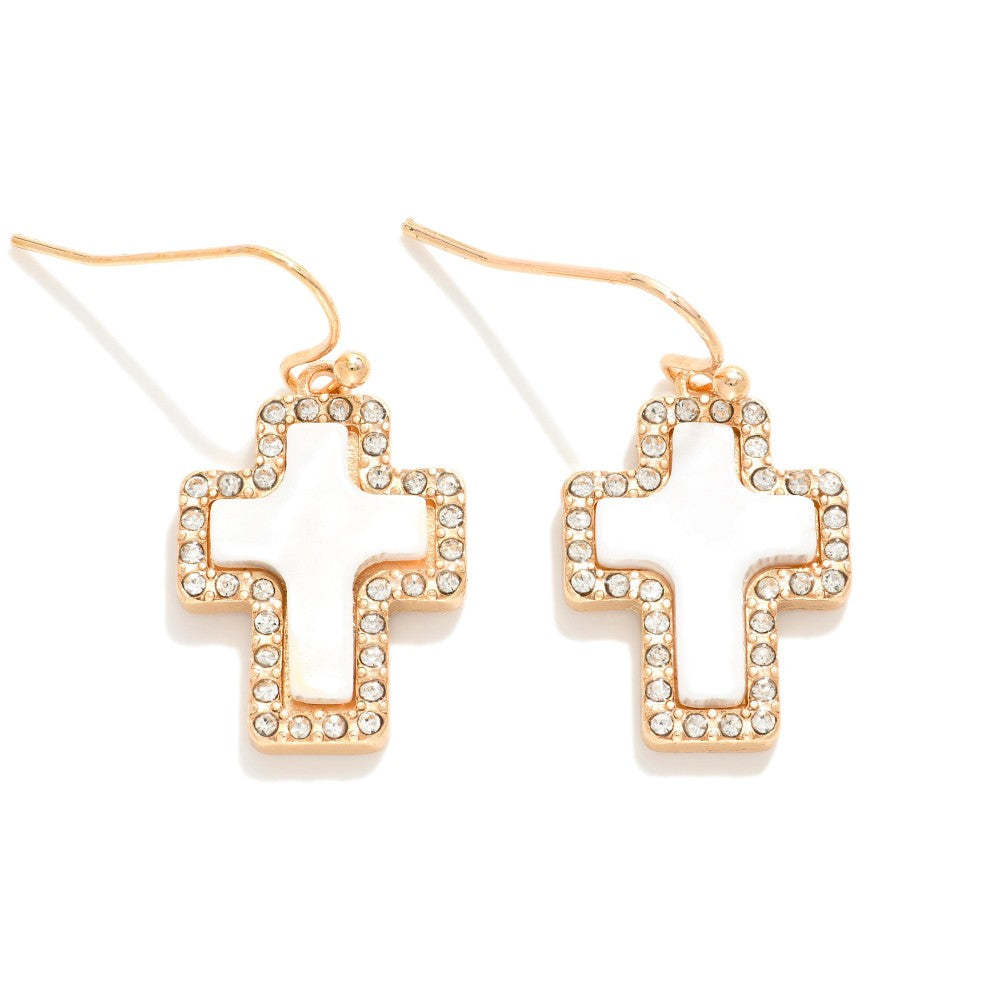 Pearlescent Cross Drop Earrings Featuring Rhinestone Border