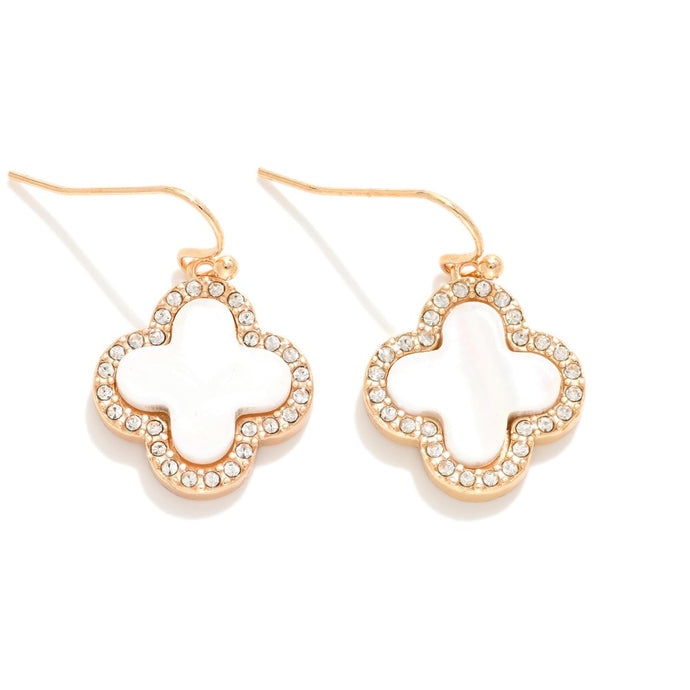 Pearlescent Clover Drop Earrings Featuring Rhinestone Border