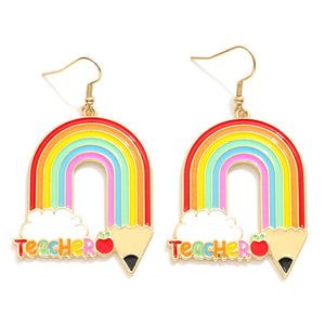 "Teacher" Rainbow Pencil Post Drop Earrings