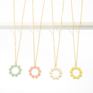 (White) Short Chain Link Necklace Featuring Enamel Flower Wreath Charm