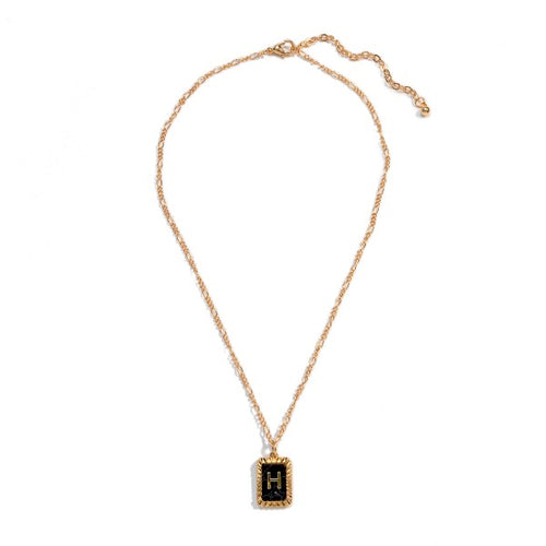 (H) Short Figaro Chain Link Necklace With Black Marble Initial Charm