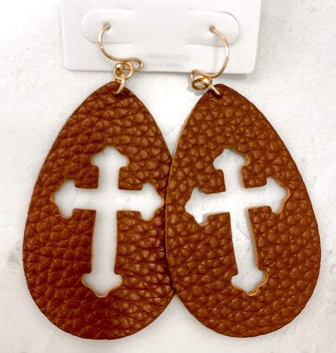 Brown Leather Cross Cut-Out Earrings