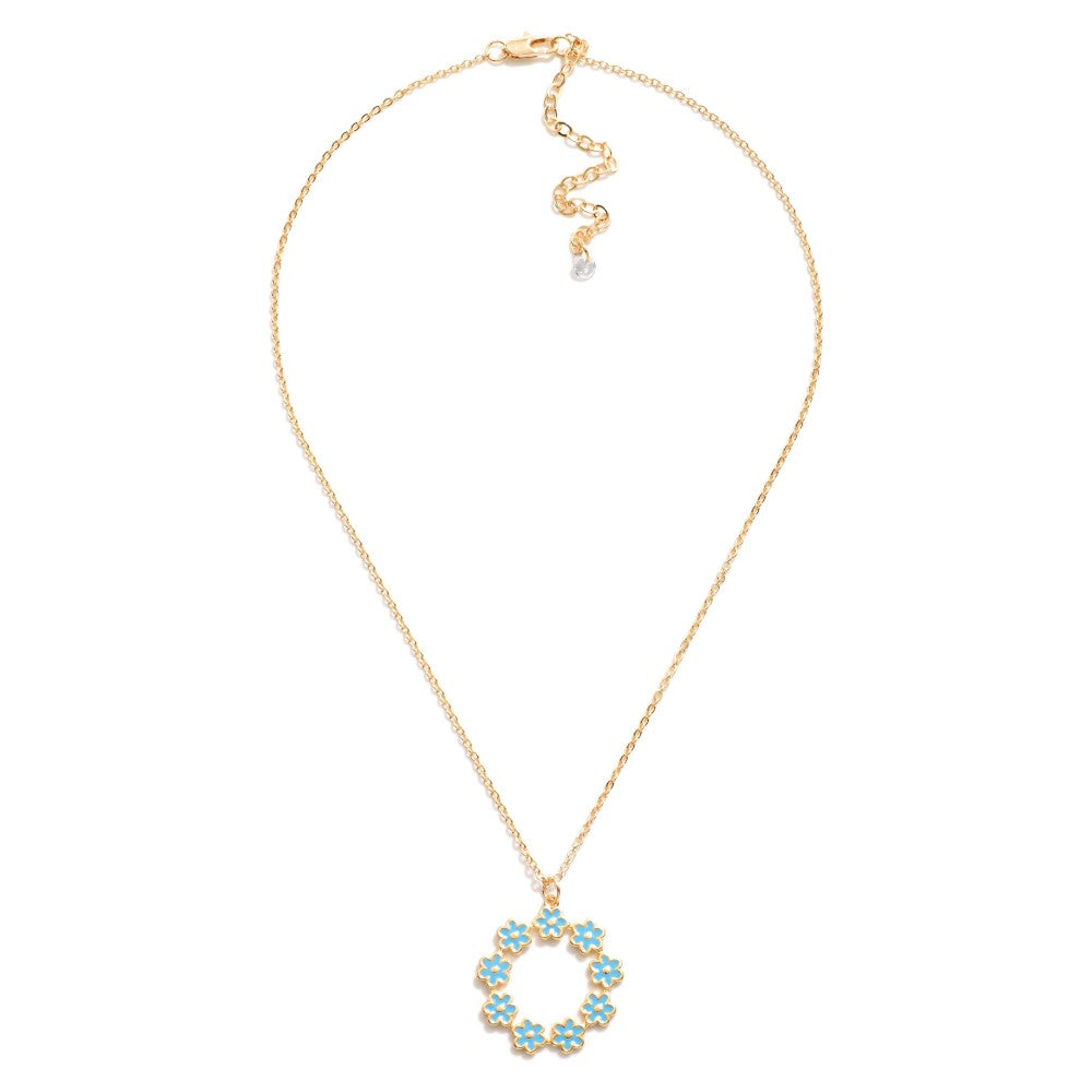 (Blue) Short Chain Link Necklace Featuring Enamel Flower Wreath Charm