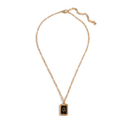 (G) Short Figaro Chain Link Necklace With Black Marble Initial Charm