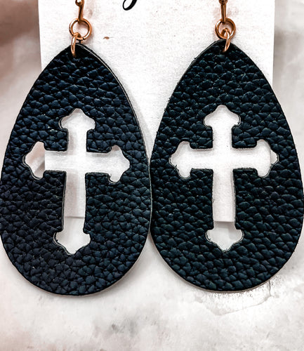Black Leather Cross-Cut out Earrings