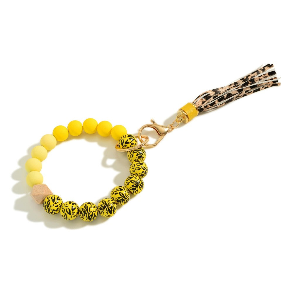 Yellow~ Wood Beaded Key Ring With Animal Print and a Tassel