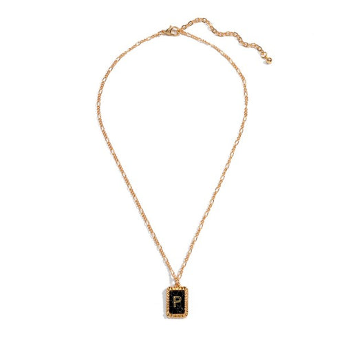 (P) Short Figaro Chain Link Necklace With Black Marble Initial Charm