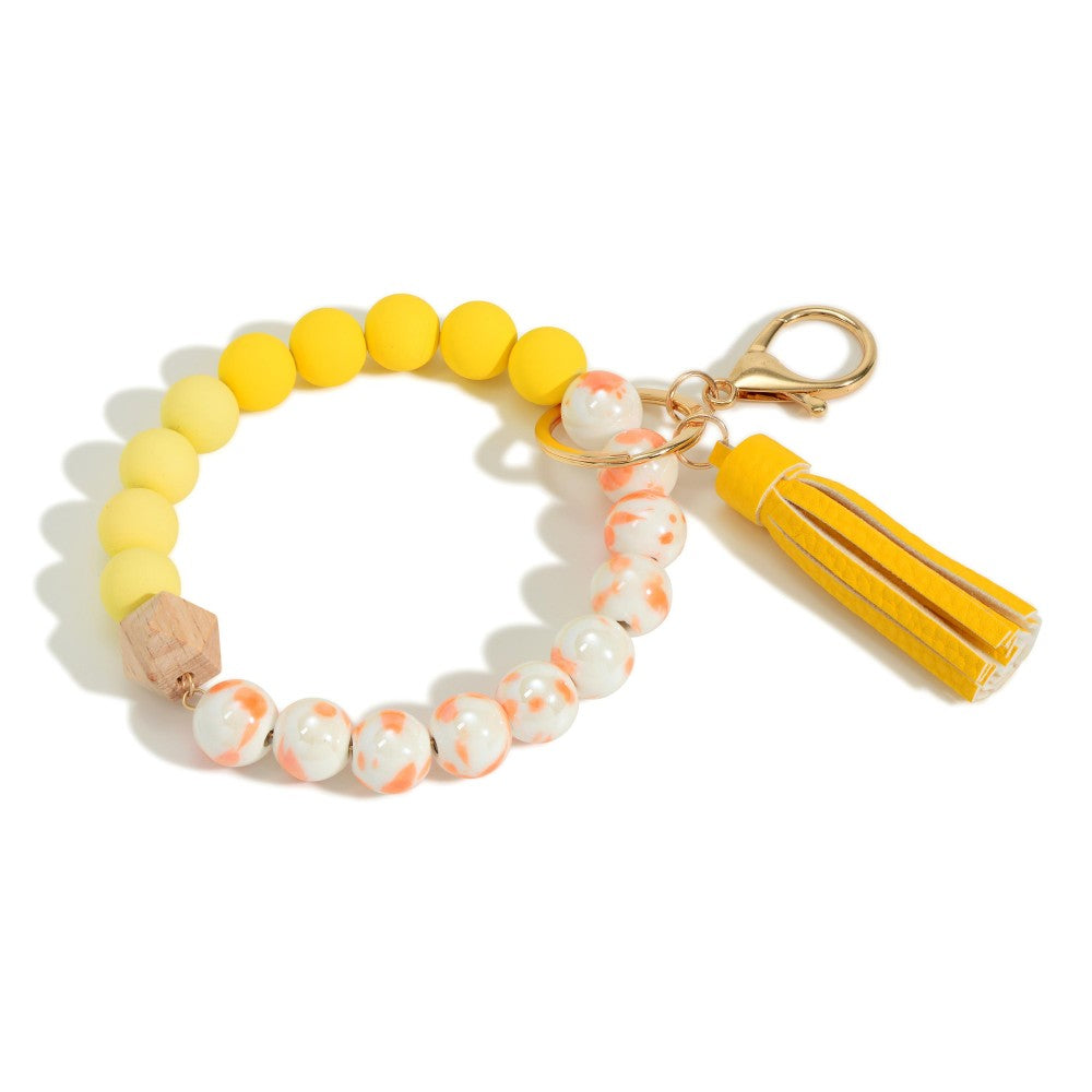 Yellow~ Wood And Glass Beaded Keychain With Tassel