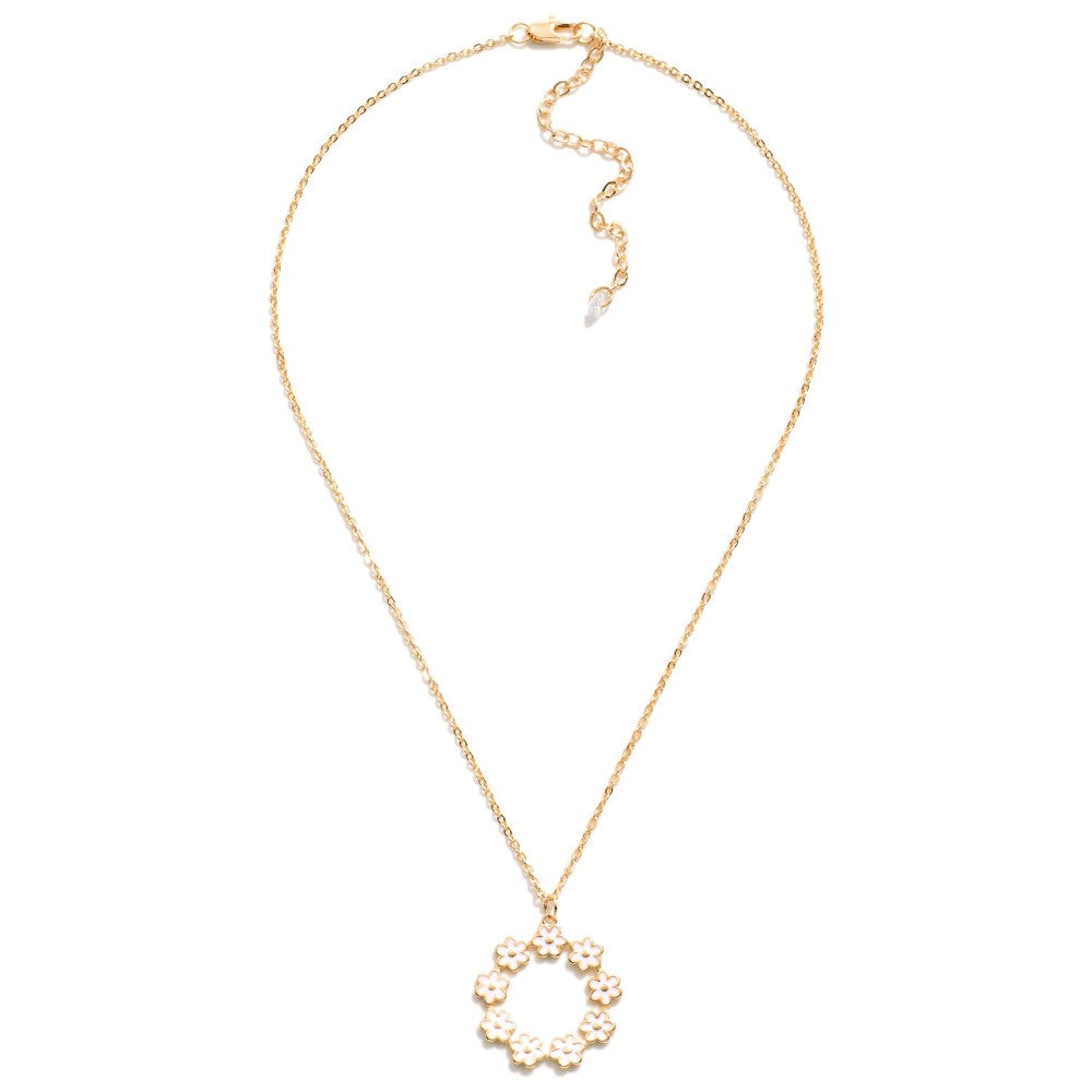 (White) Short Chain Link Necklace Featuring Enamel Flower Wreath Charm